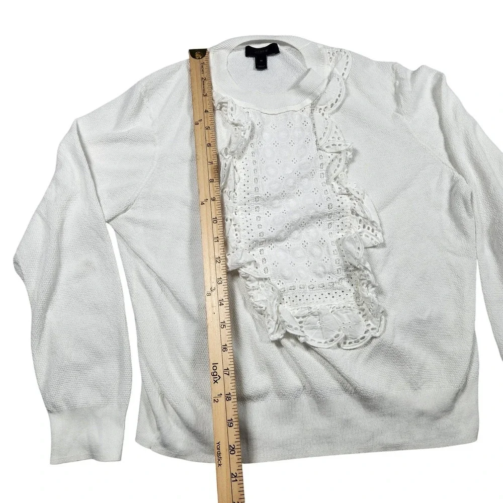 J. Crew White Cotton Sweater Medium Eyelet Ruffle Trim Long Sleeve Top $120‎